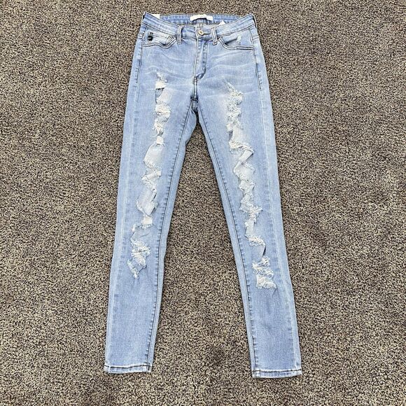 KANCAN 3/25 Low Rise Light Wash Distressed Thrashed Skinny Jeans 90s Y2K Biker - Picture 15 of 16